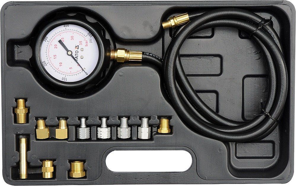 Souprava k měření kompresního tlaku oleje, 12ks, 0-35bar Yato