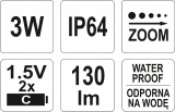 Svítilna BIGGEST voděodolná IP64, fce ZOOM, 130lm, 2xLR14, 228x47mm Yato
