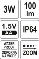 Svítilna kapesní voděodolná IP64, fce ZOOM, 110lm, 1xAA, 100x25mm Yato